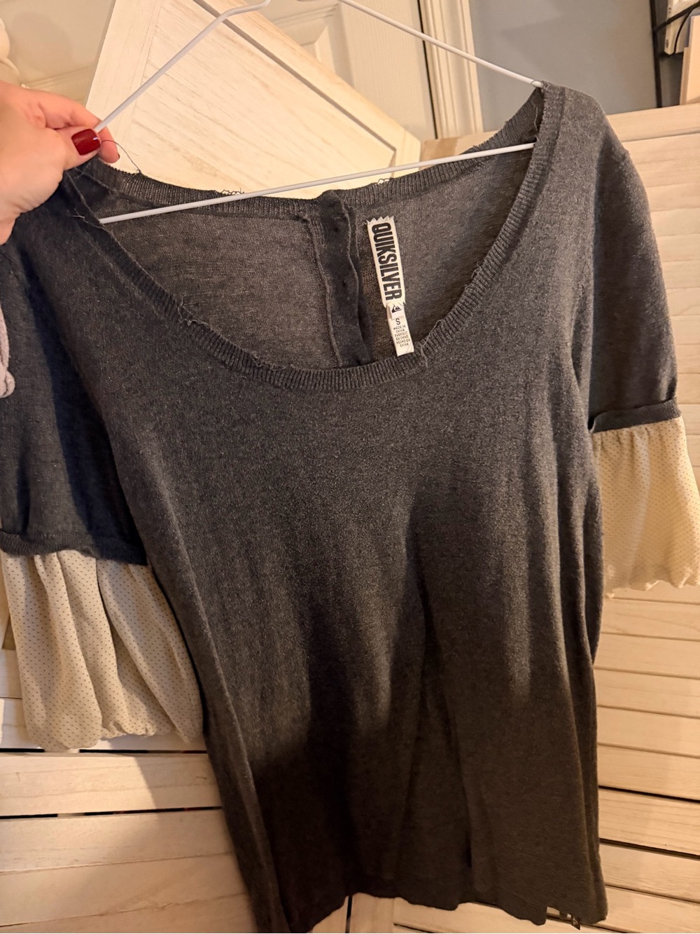 Quiksilver Women’s Charcoal Gray Short Sleeve Top with Cream Ruffle Sleeves